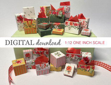 Preview image of 1:12 scale printable dollhouse Christmas gift boxes and bags designed for miniatures and offered as digital sheets ready for instant download and printing.